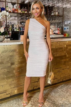 Champagne Sparkly One Shoulder Ruched Midi Dress