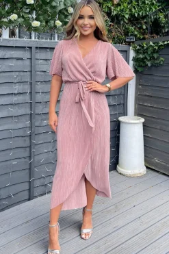 Champagne Wrap Top Belted Short Sleeve Plisse Midi Dress
