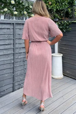 Champagne Wrap Top Belted Short Sleeve Plisse Midi Dress