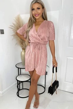 Champagne Wrap Top Belted Short Sleeve Plisse Mini Dress