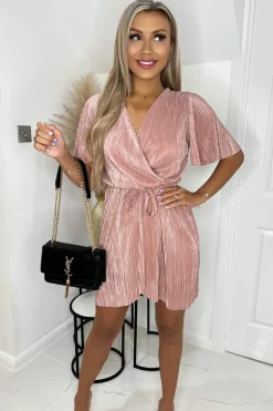 Champagne Wrap Top Belted Short Sleeve Plisse Mini Dress