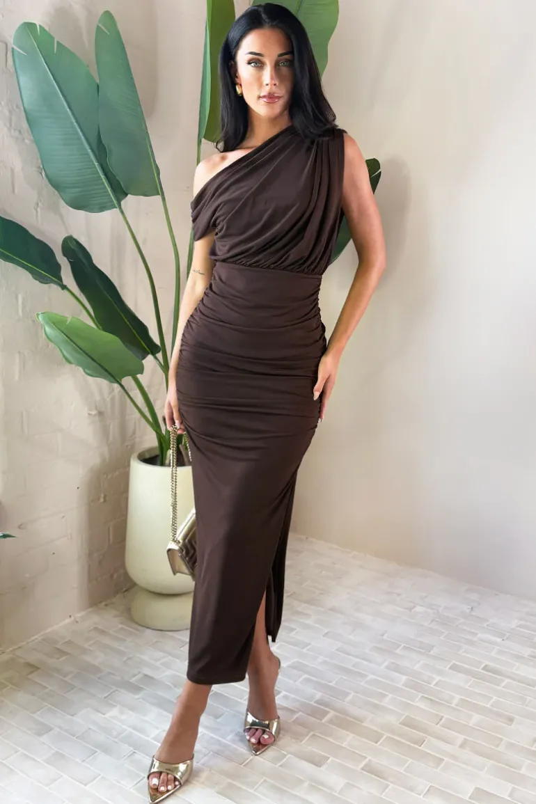Chocolate Off The Shoulder Draped Top Midi Dress