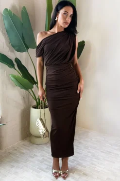 Chocolate Off The Shoulder Draped Top Midi Dress