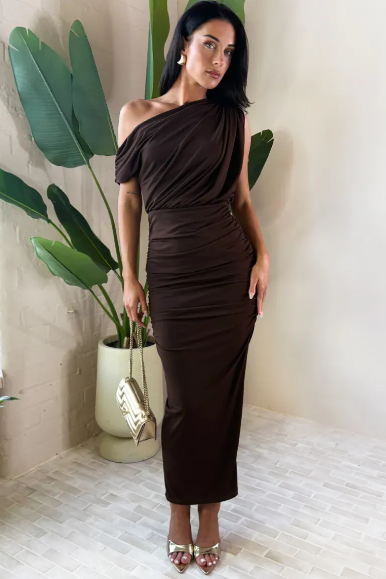Chocolate Off The Shoulder Draped Top Midi Dress