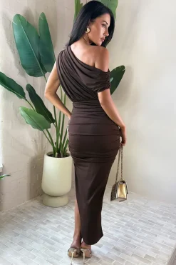 Chocolate Off The Shoulder Draped Top Midi Dress