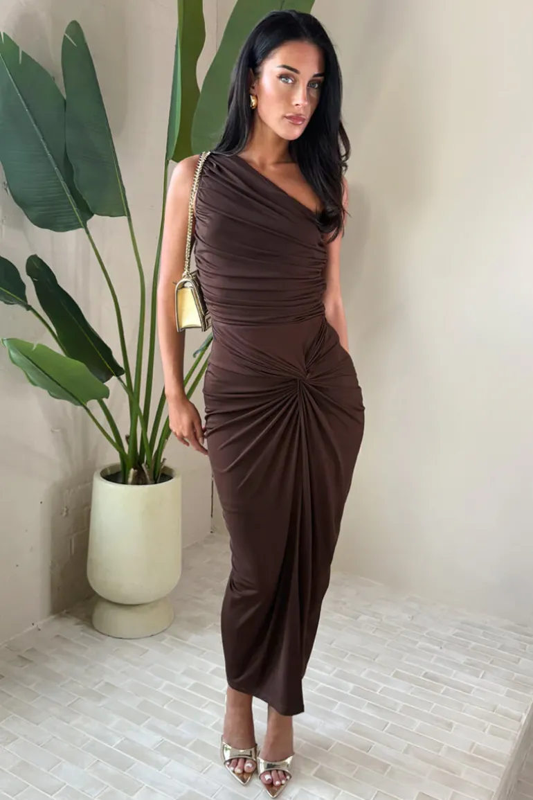 Chocolate One Shoulder Knot Skirt Midi Dress