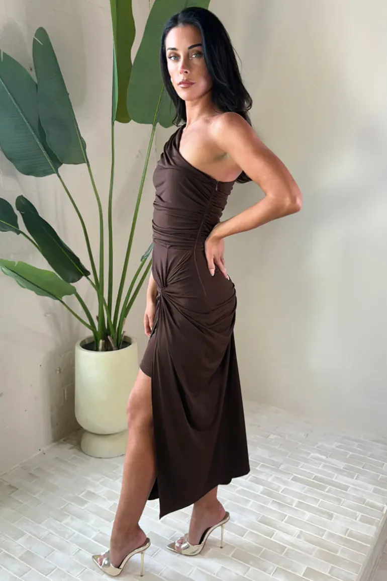 Chocolate One Shoulder Knot Skirt Midi Dress