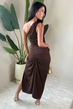 Chocolate One Shoulder Knot Skirt Midi Dress