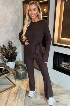 Chocolate Ribbed Tie Waist Flared Leg Co-ord