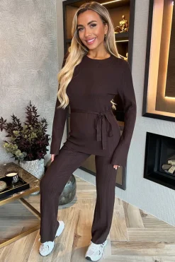 Chocolate Ribbed Tie Waist Flared Leg Co-ord