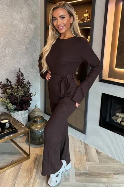 Chocolate Ribbed Tie Waist Flared Leg Co-ord