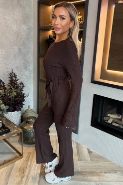 Chocolate Ribbed Tie Waist Flared Leg Co-ord