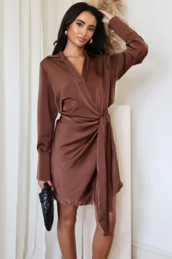 Chocolate Satin Wrap Long Sleeve Mini Dress