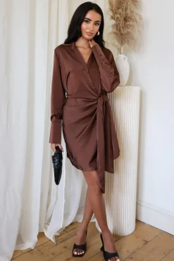 Chocolate Satin Wrap Long Sleeve Mini Dress