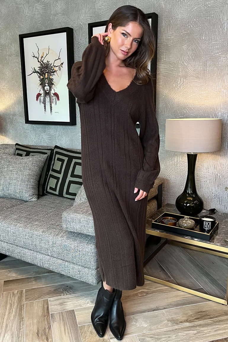 Chocolate V-Neck Knitted Midi Dress