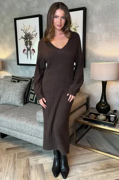 Chocolate V-Neck Knitted Midi Dress