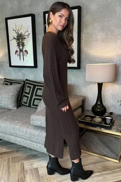 Chocolate V-Neck Knitted Midi Dress