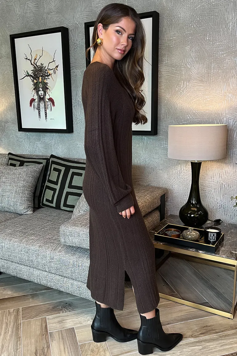Chocolate V-Neck Knitted Midi Dress