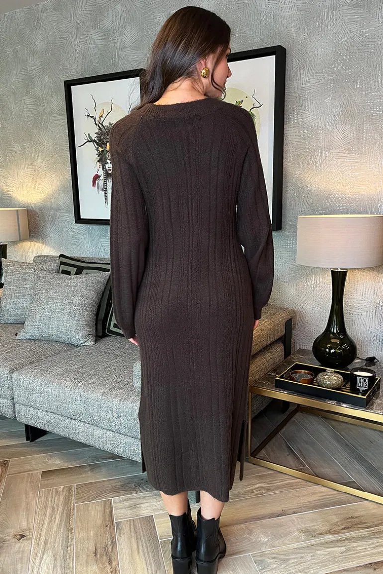 Chocolate V-Neck Knitted Midi Dress