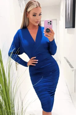 Cobalt Blue Ruched Wrap Top Midi Dress
