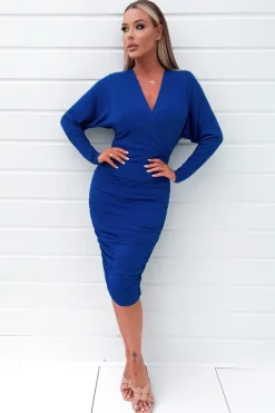 Cobalt Blue Ruched Wrap Top Midi Dress