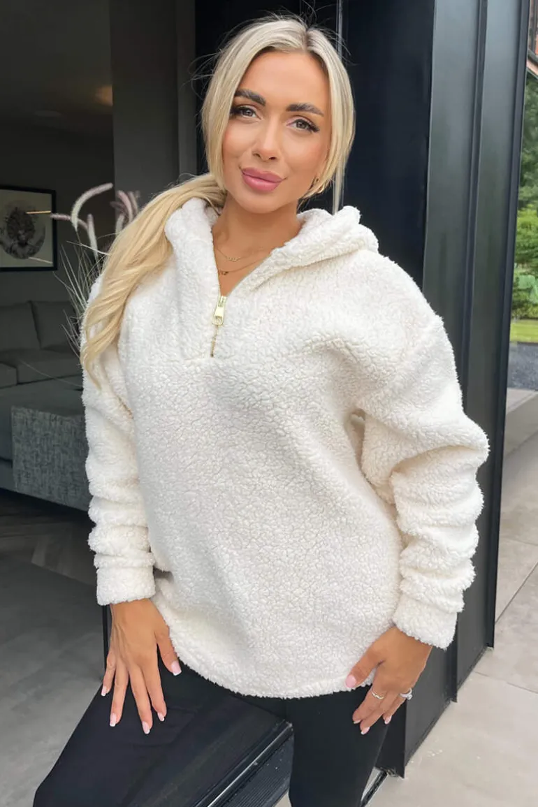 Cream 1/4 Zip Teddy Hoodie