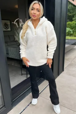 Cream 1/4 Zip Teddy Hoodie