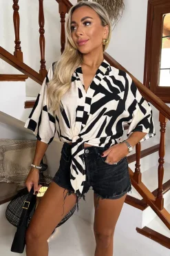 Cream And Black Abstract Print Button Front Tie Waist Top