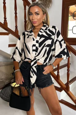 Cream And Black Abstract Print Button Front Tie Waist Top