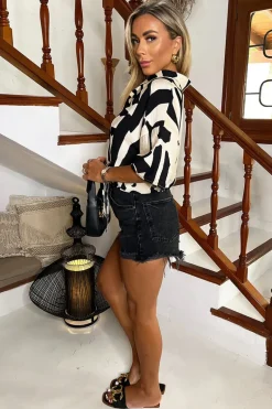 Cream And Black Abstract Print Button Front Tie Waist Top