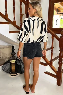 Cream And Black Abstract Print Button Front Tie Waist Top