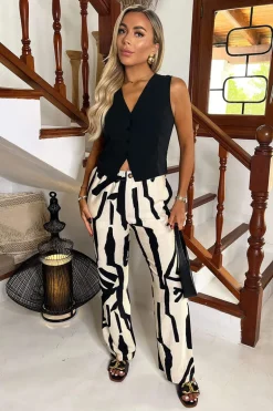 Cream And Black Abstract Print Wide Leg Trousers