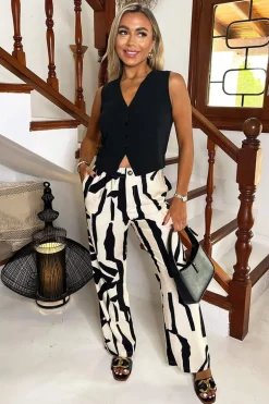 Cream And Black Abstract Print Wide Leg Trousers