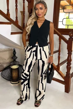 Cream And Black Abstract Print Wide Leg Trousers