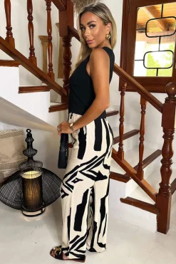 Cream And Black Abstract Print Wide Leg Trousers