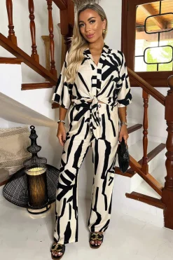 Cream And Black Abstract Print Wide Leg Trousers