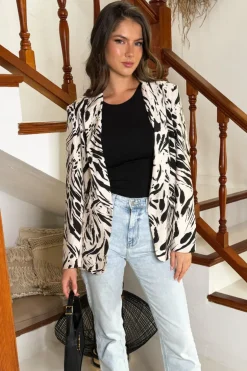 Cream And Black Brush Stroke Print Shawl Collar Open Front Blazer