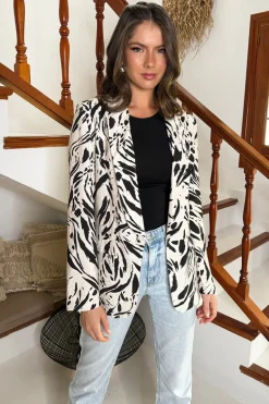 Cream And Black Brush Stroke Print Shawl Collar Open Front Blazer