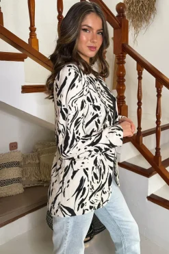 Cream And Black Brush Stroke Print Shawl Collar Open Front Blazer