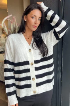 Cream And Black Stripe Knit Button Front Cardigan