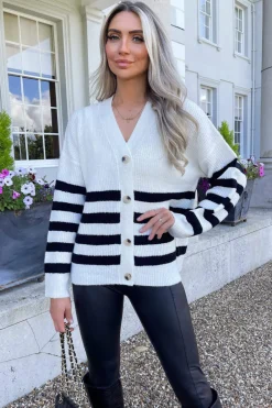 Cream And Black Stripe Knit Button Front Cardigan