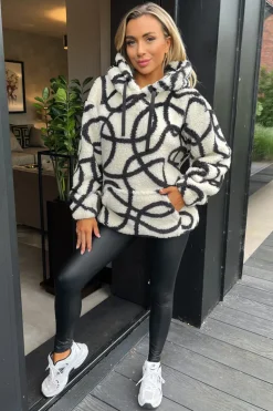 Cream And Black Swirl Pattern Front Pocket Teddy Hoodie