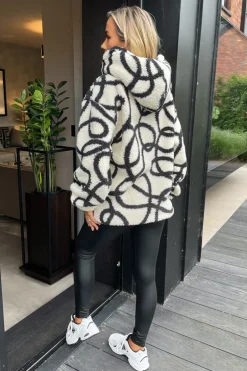 Cream And Black Swirl Pattern Front Pocket Teddy Hoodie