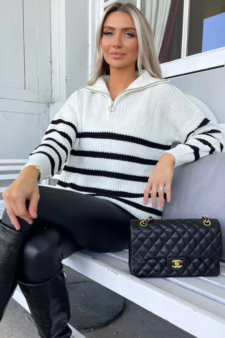 Cream And Black Zip Front Striped Knitted Jumper