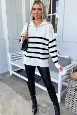 Cream And Black Zip Front Striped Knitted Jumper