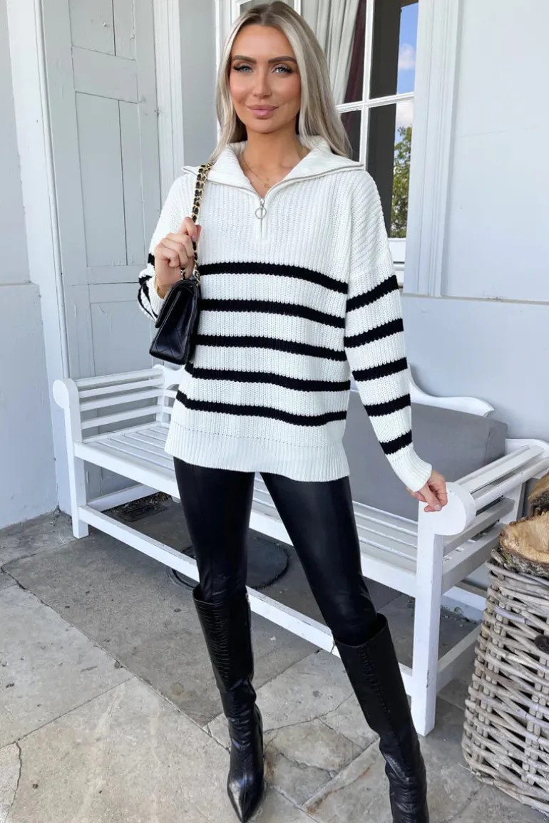 Cream And Black Zip Front Striped Knitted Jumper