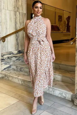Cream And Brown Print High Neck Tie Belt Midi Dress