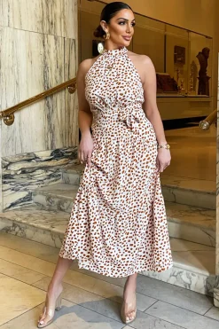 Cream And Brown Print High Neck Tie Belt Midi Dress