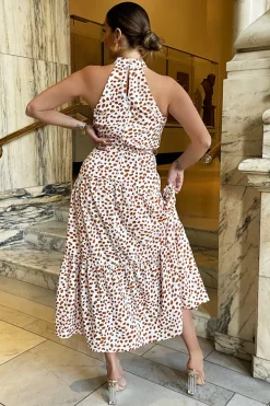 Cream And Brown Print High Neck Tie Belt Midi Dress