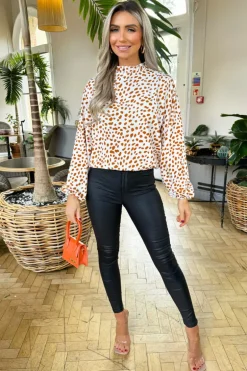 Cream And Brown Print Ruffle Neck Top